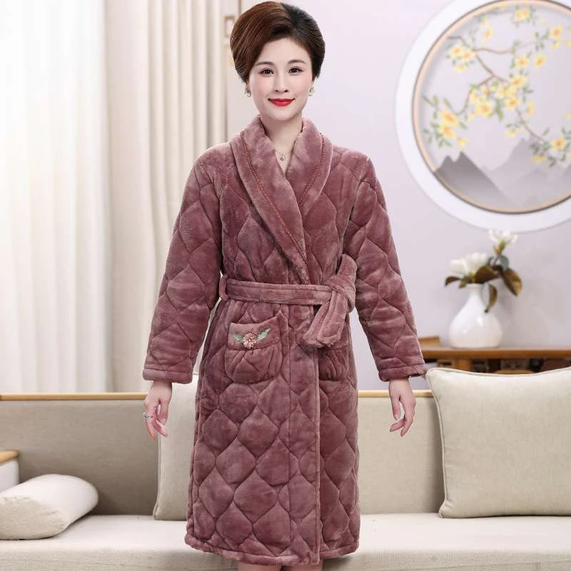 FAVMARTHA中老年人妈妈睡袍珊瑚绒夹棉冬季三层特厚款女士加肥加