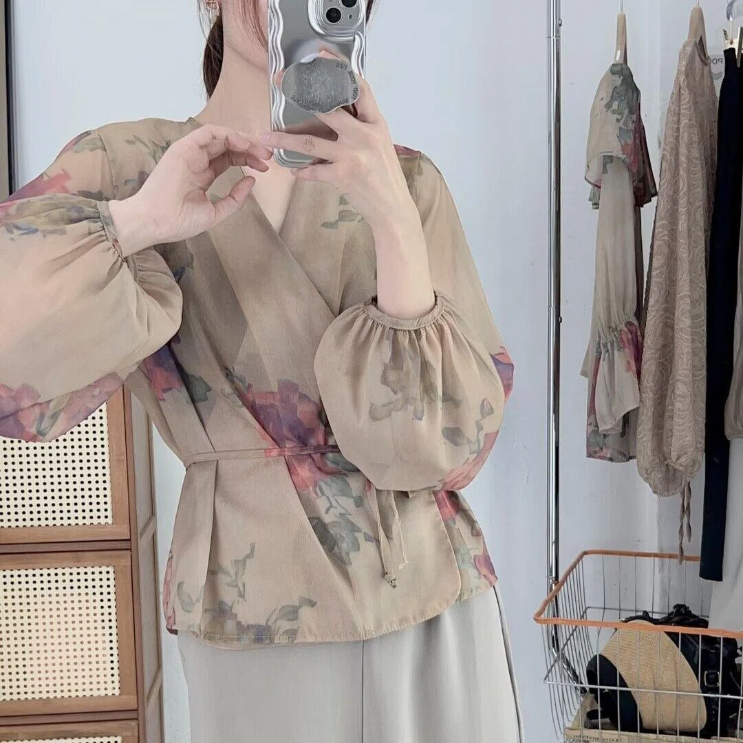 薄款港风印花衬衫女一片式绑带上衣