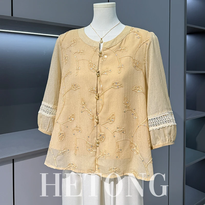 妈妈夏装高档T恤小衫中老年女装夏季国风雪纺衬衫上衣服