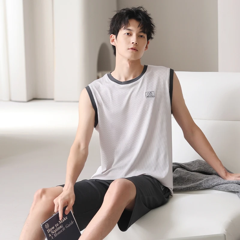 男夏季家居服套装青少年冰丝凉感大码背心睡衣吸汗上衣blokette