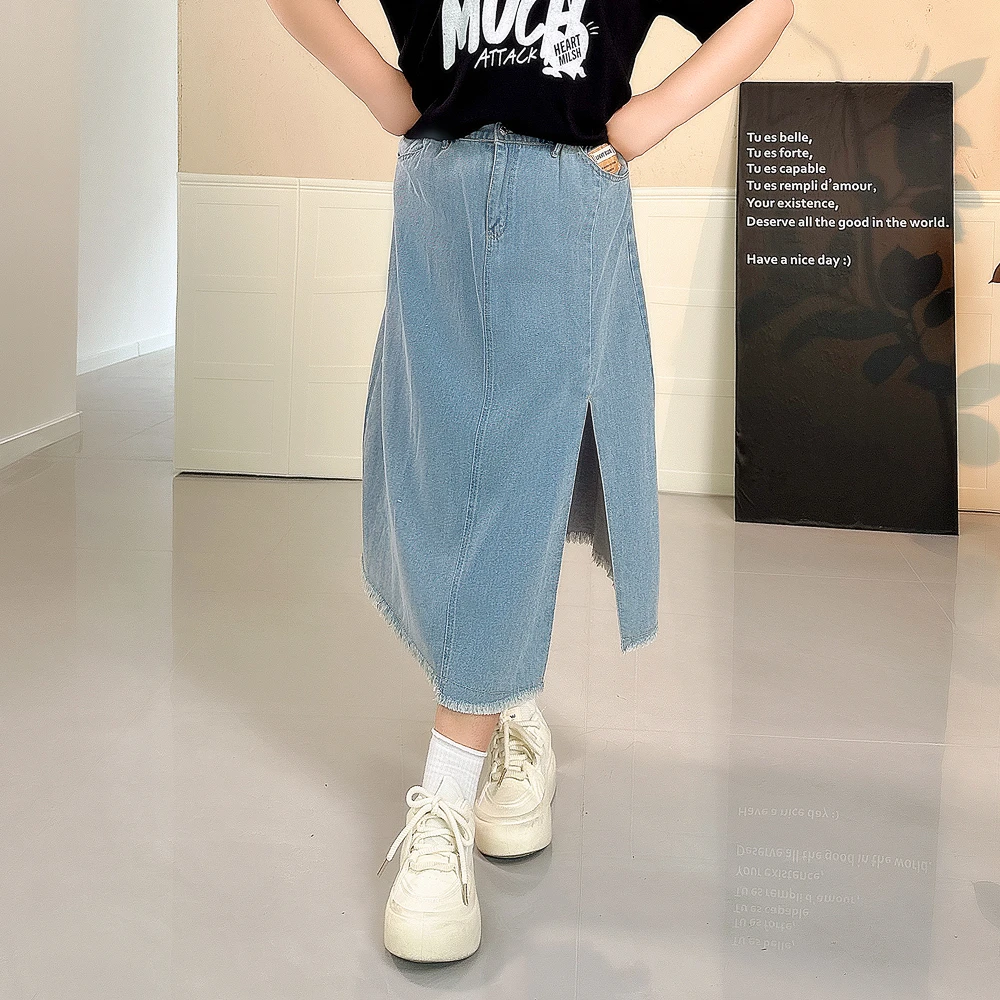 大码女装300斤胖MM休闲百搭显瘦a字包臀中长开叉牛仔半身裙62636