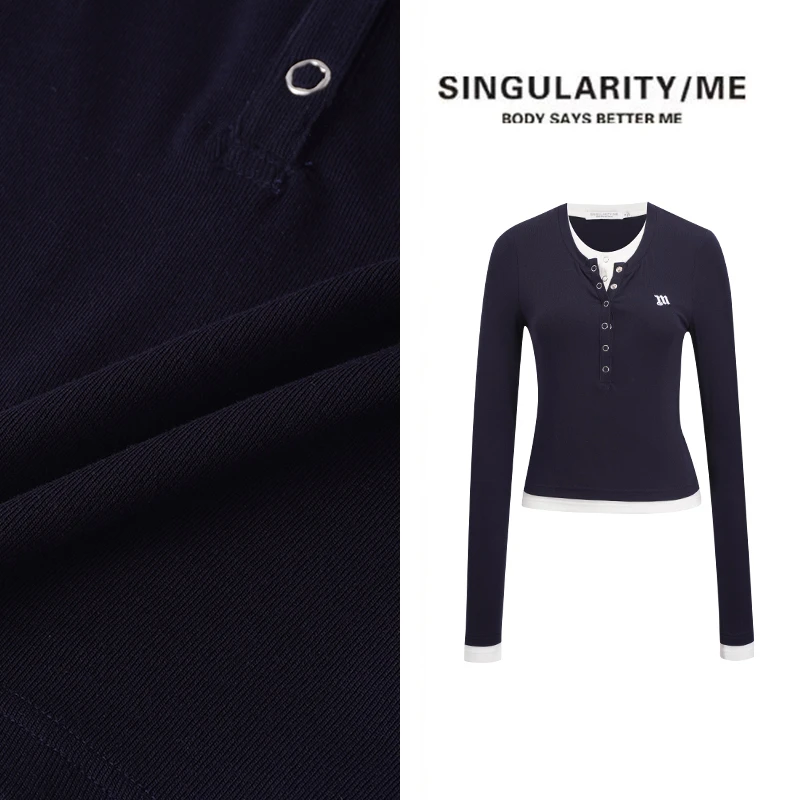 Singularity Me 2A 1206 假两件撞色设计亨利领打底衫上衣