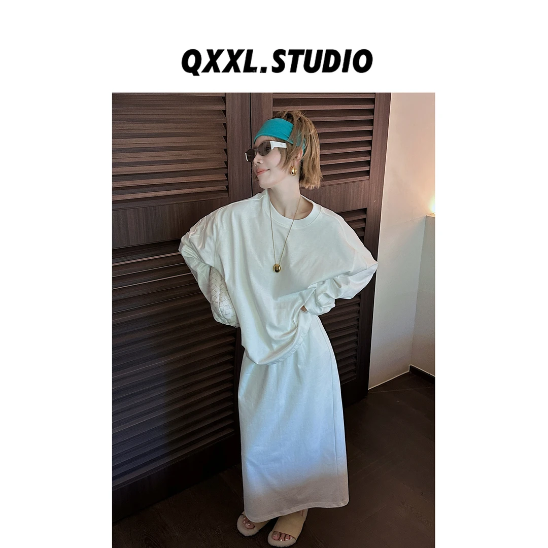 邱小小丽呀 早秋时尚高级感套装女圆领上衣+开叉半身裙两件套