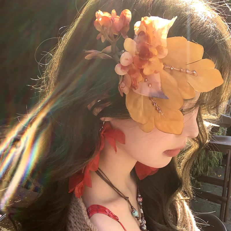 娟姨夏日复古新中式仿真枯叶花朵汉服发夹度假古风拍照簪花发饰女