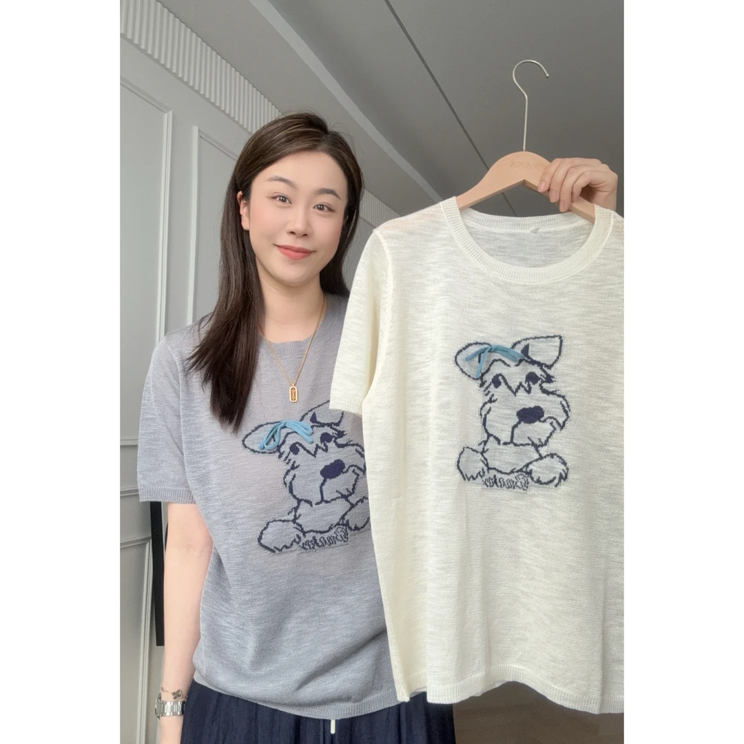 美亚恩NANA【雪纳瑞】夏季竹节麻减龄小狗提花针织衫短袖T恤C0327
