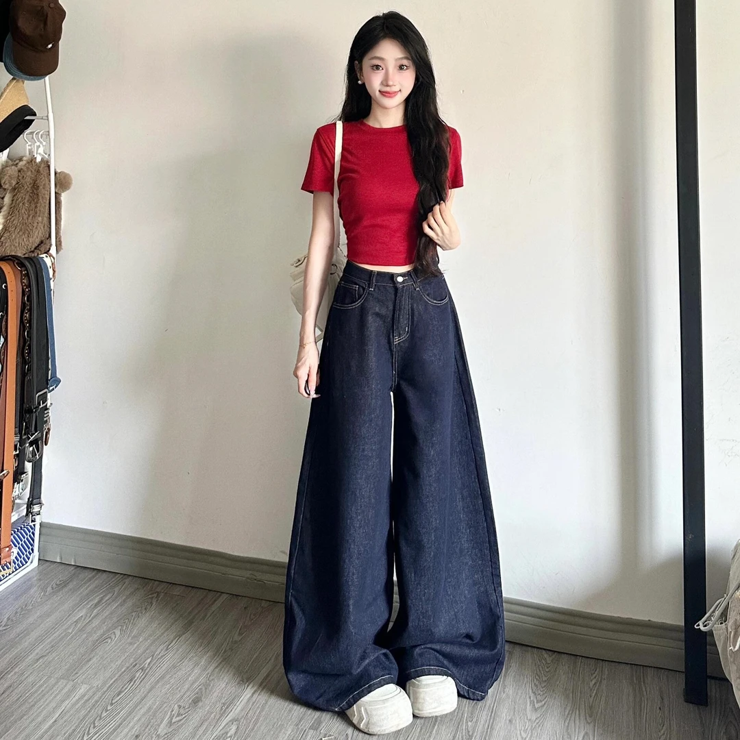 秋季常规款小个子丹宁色阔腿牛仔裤女美式高腰宽松百搭显瘦阔腿裤