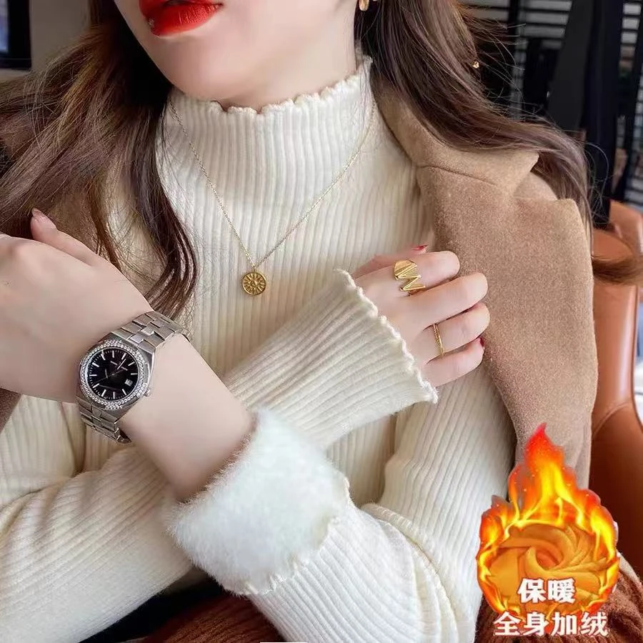 加绒加厚木耳边半高领针织衫女2025秋冬新款内搭打底衫一体绒毛衣