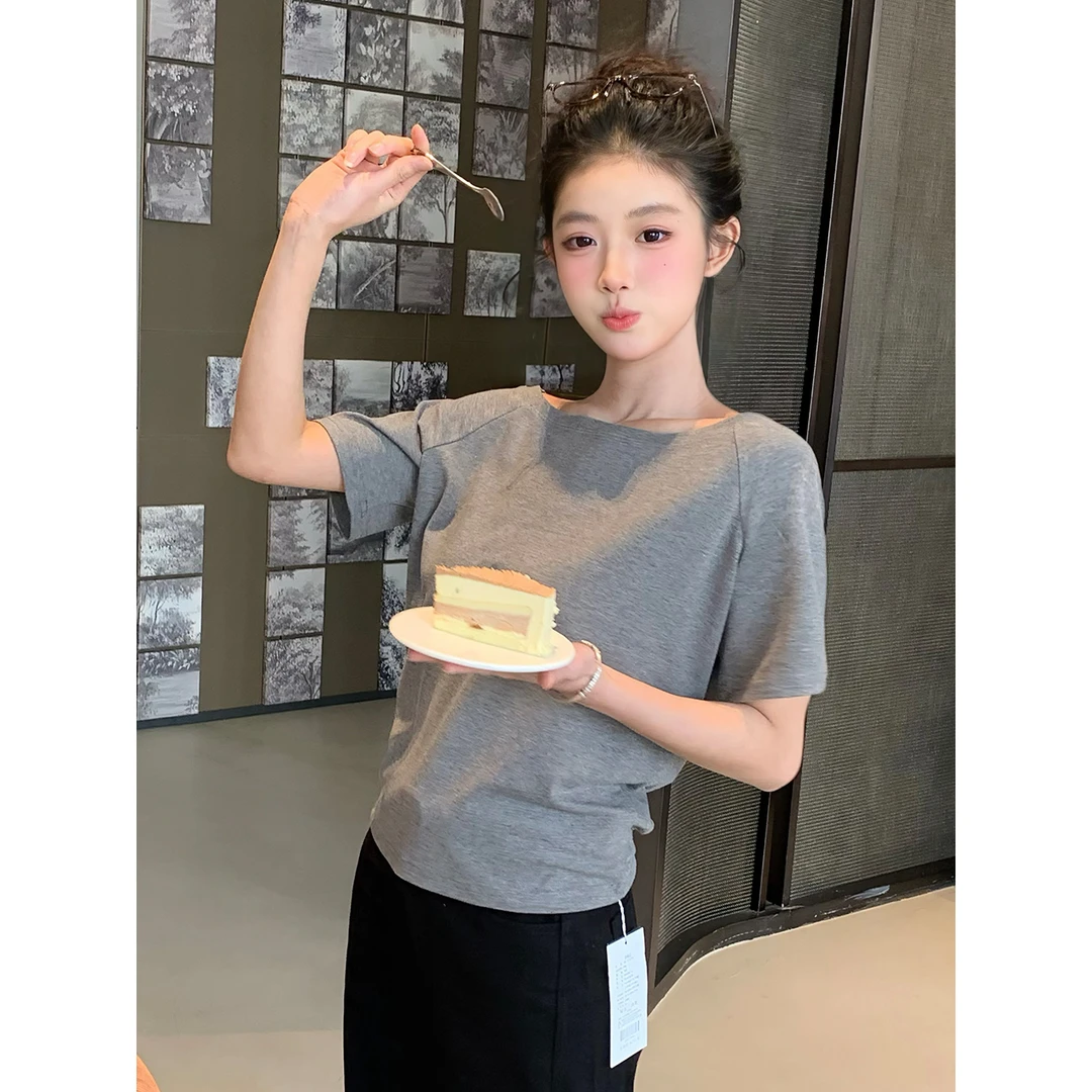 春夏显瘦气质打底衫女修身性感小众不规则露肩上衣T恤复古一字肩