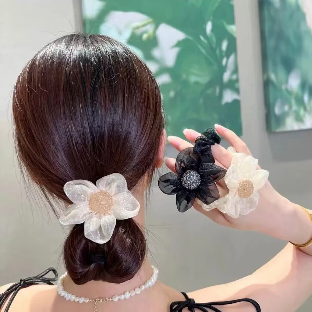 轻奢网纱太阳花发圈马尾丸子头皮筋头绳高弹力发绳扎头发头饰