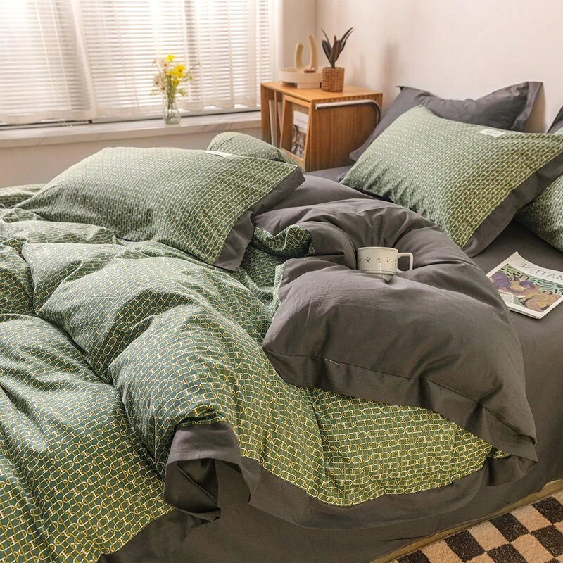 四季通用100%全棉纯棉四件套轻奢格子被单柔软床上用品床单直角边