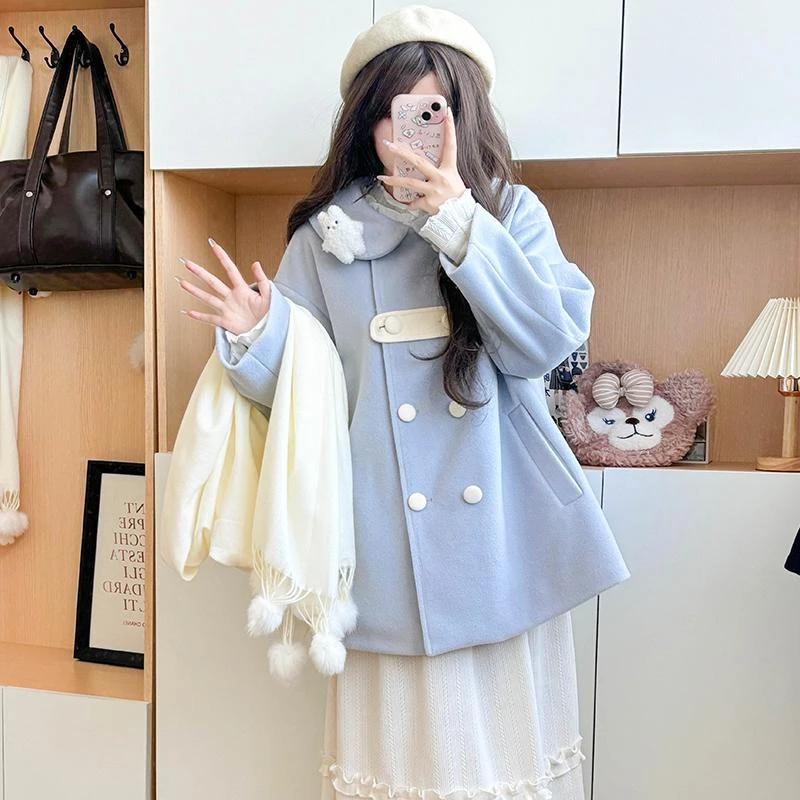 布丁熊原创JK制服毛呢冬宽松外套蓝色可爱双排扣呢子娃娃领上衣