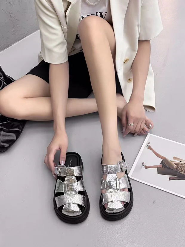 平底一字带韩版编织包头纯色半拖包头拖修面镂空舒适