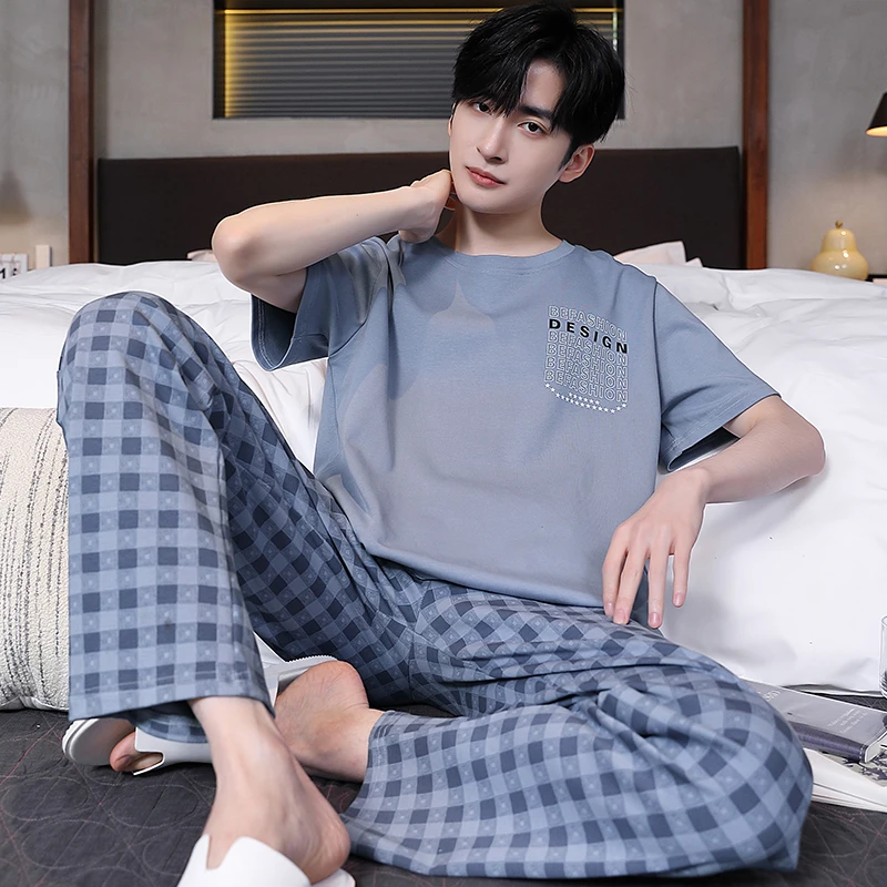 新款睡衣男夏季薄款纯棉短袖长裤套装宽松大码学生春秋套装家居服