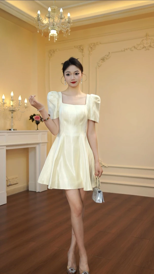 夏季小个子收腰名媛风方领轻奢连衣裙裙子法式白色生日显瘦40503