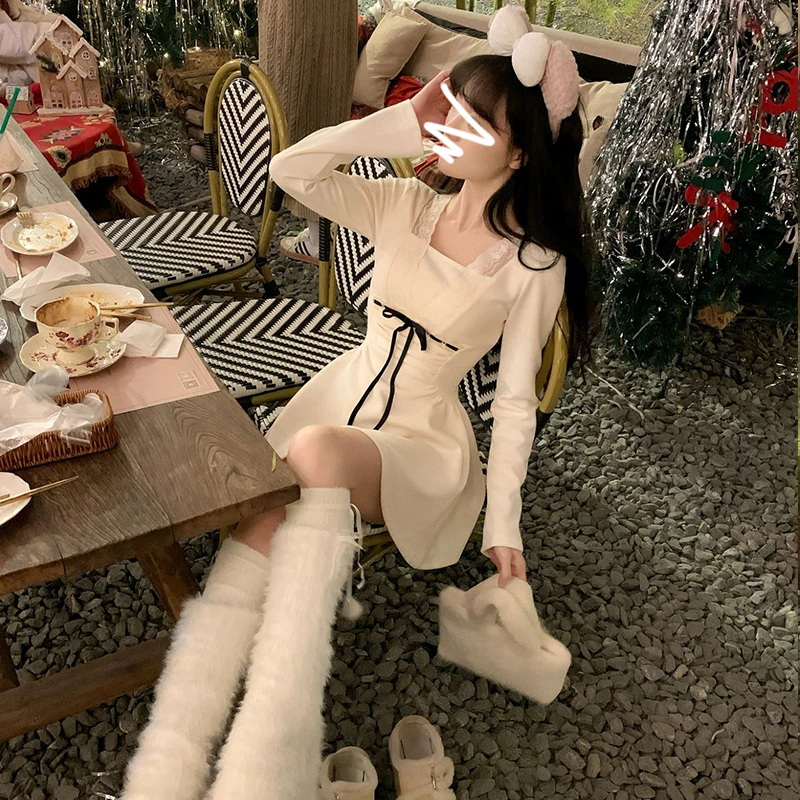 9353法式气质白月光初恋连衣裙子女秋冬季小个子白色内搭短裙