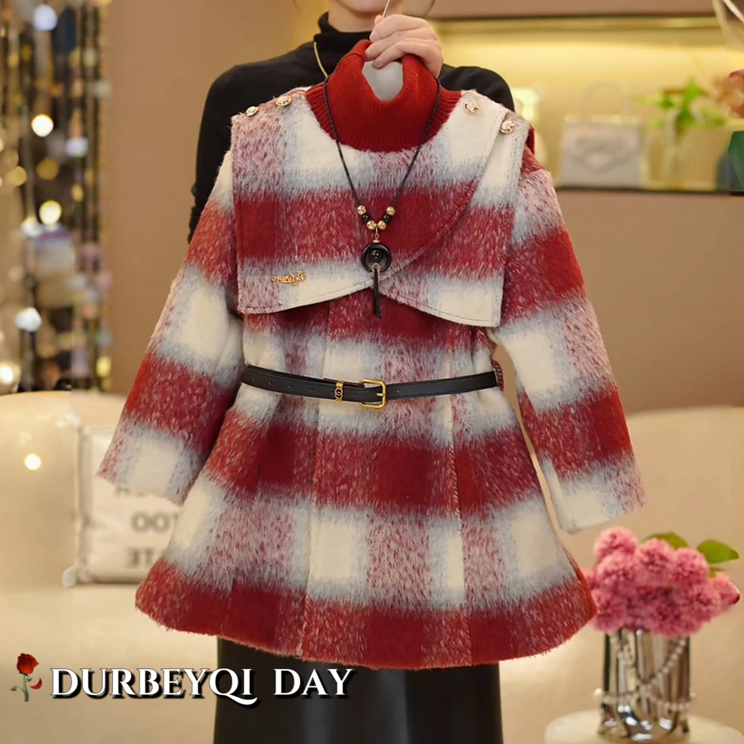 女童2025冬季新款韩版格子加绒中长款外套5008