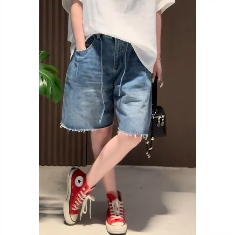 牛仔裤夏季大码五分梨形复古阔腿女士裤子女款夏季短裤裤子新款