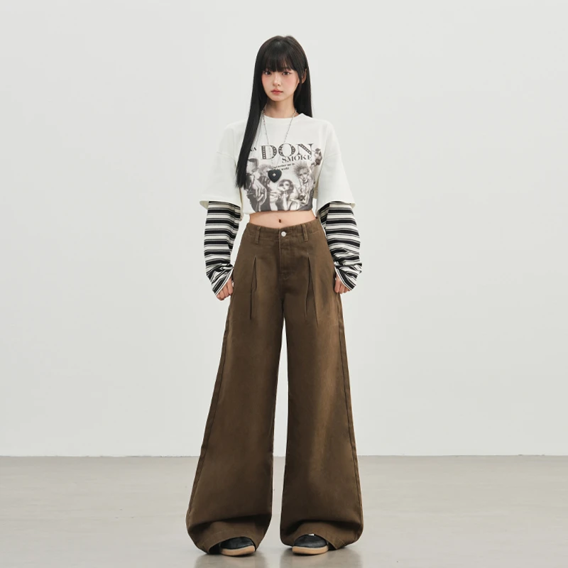 新款棕咖色美式复古阔腿裤女高腰褶皱宽松垂感直筒拖地裤休闲长裤