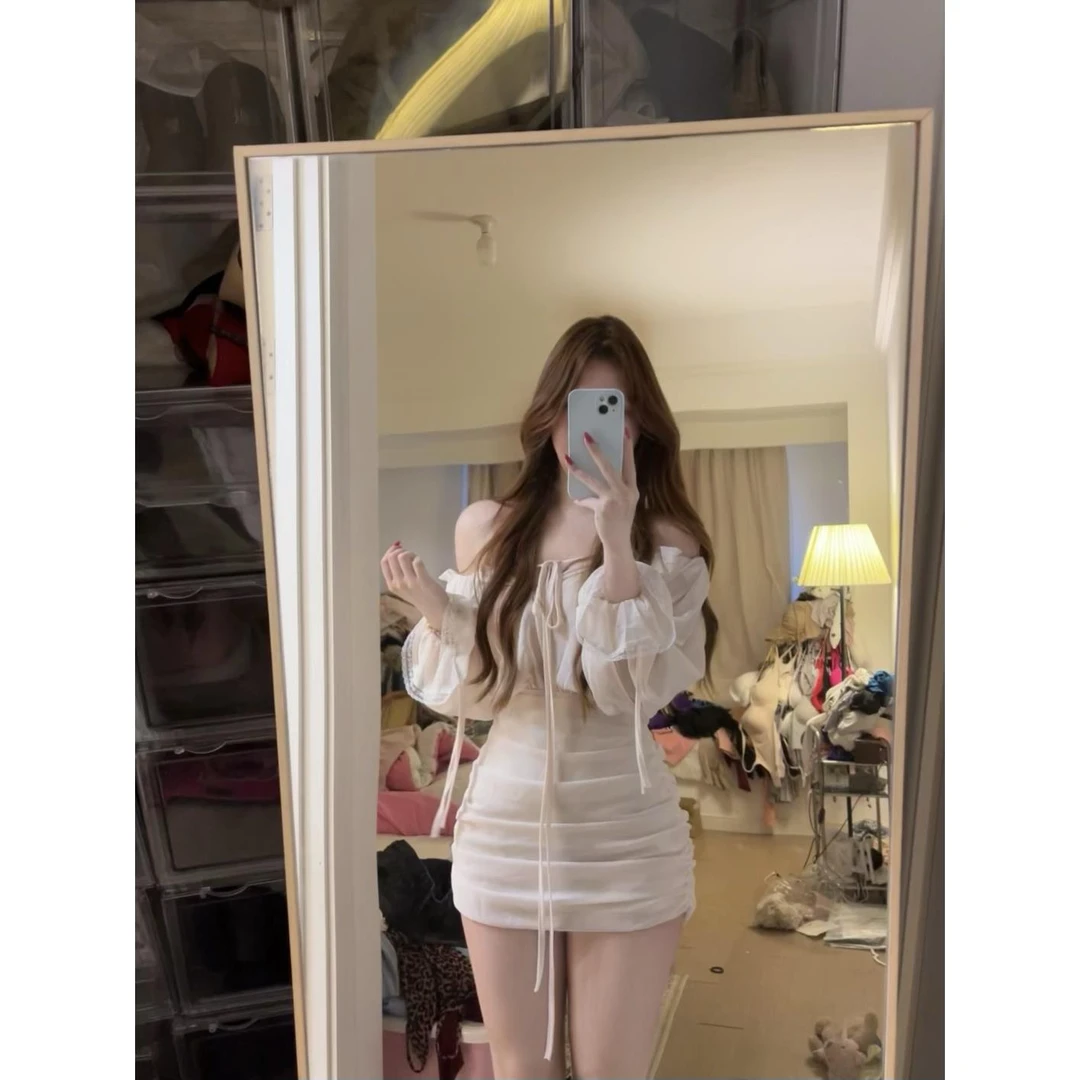 【江南美人】纯欲气质收腰短裙包臀裙一字肩雪纺连身衣裙轻奢网红款