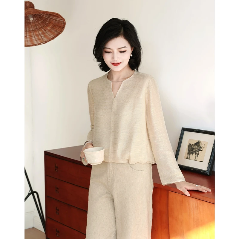 阿楠anan浅茶雾语26姆米桑蚕丝圆V领轻奢烫金光泽感休闲外穿上衣