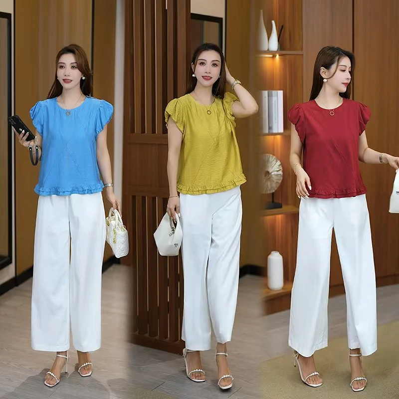 2025夏季新款荷叶边t恤宽松显瘦圆领设计感小众时尚百搭显瘦上衣