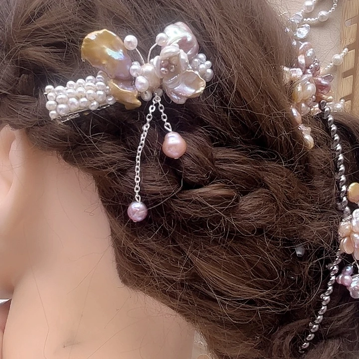 水晶纱保真珍珠蝴蝶发夹