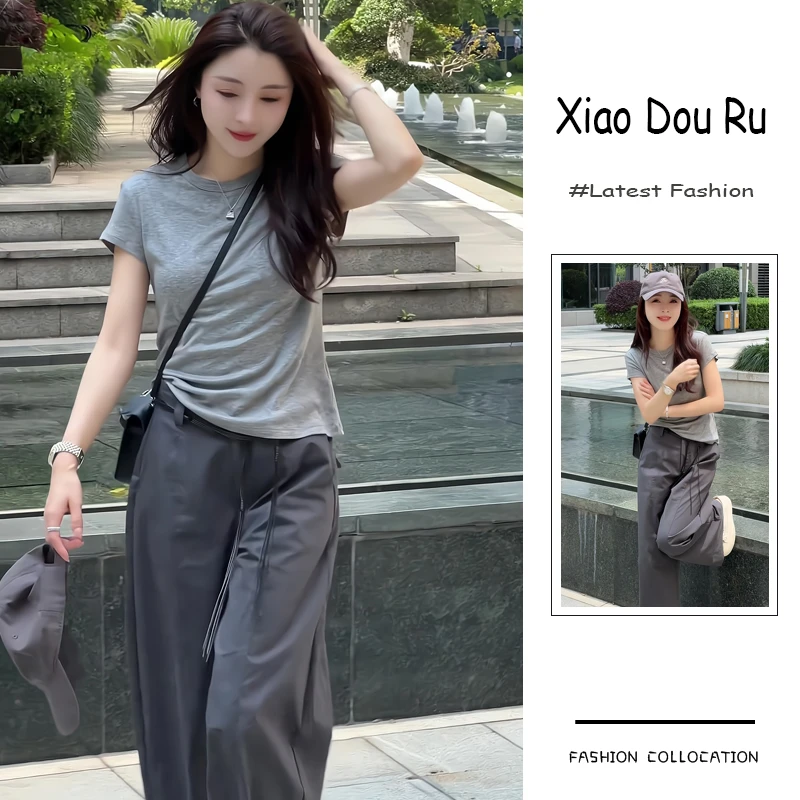 夏季流行穿搭一整套新款2025年韩系简约时尚短袖上衣阔腿裤两件套