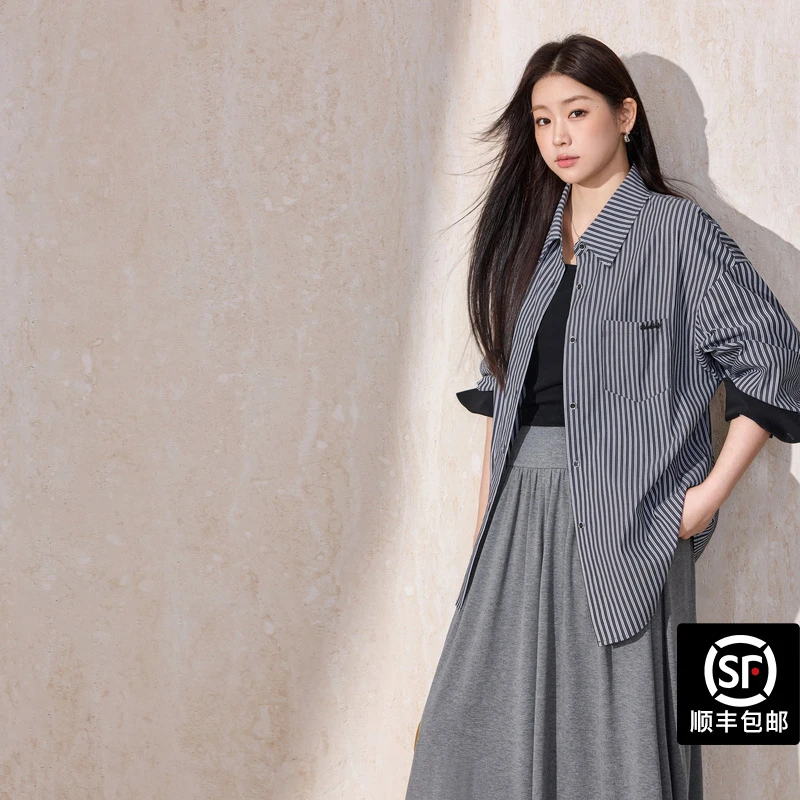 蓝语大码女装慵懒松弛感廓形条纹长袖衬衫宽松休闲撞色设计感上衣