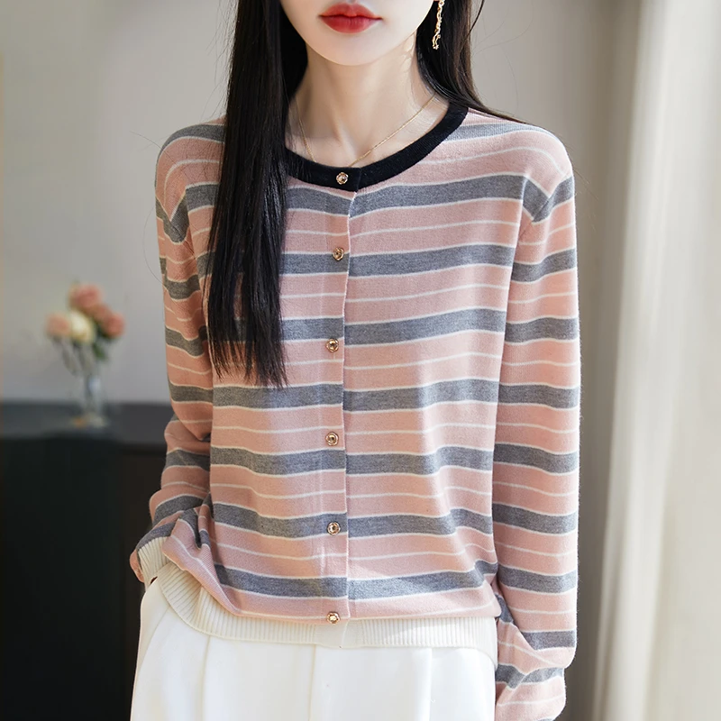 春秋精纺羊毛圆领复古撞色条纹针织开衫女宽松毛衣薄外套