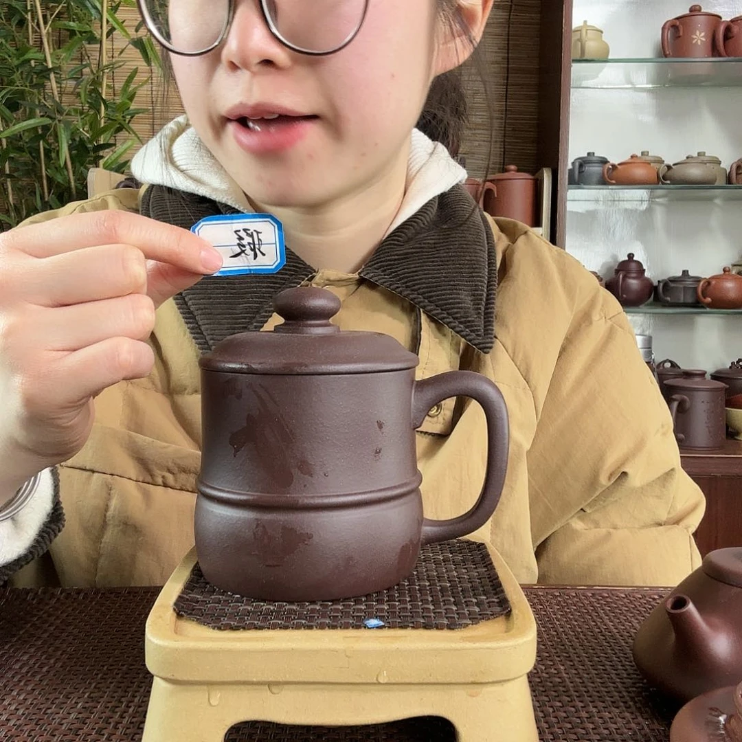 紫砂茶杯原矿老紫泥线圆办公杯没礼盒微瑕350CC