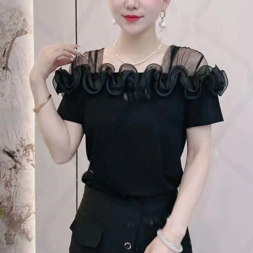 2025新品法式双肩网纱洋气t恤显瘦短袖89955
