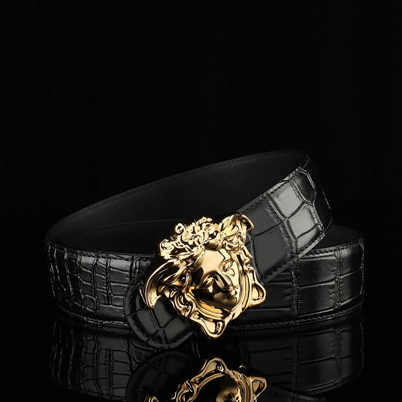 男士皮带真牛皮裤腰带黄铜真皮美人头杜莎打孔新款百搭个性潮