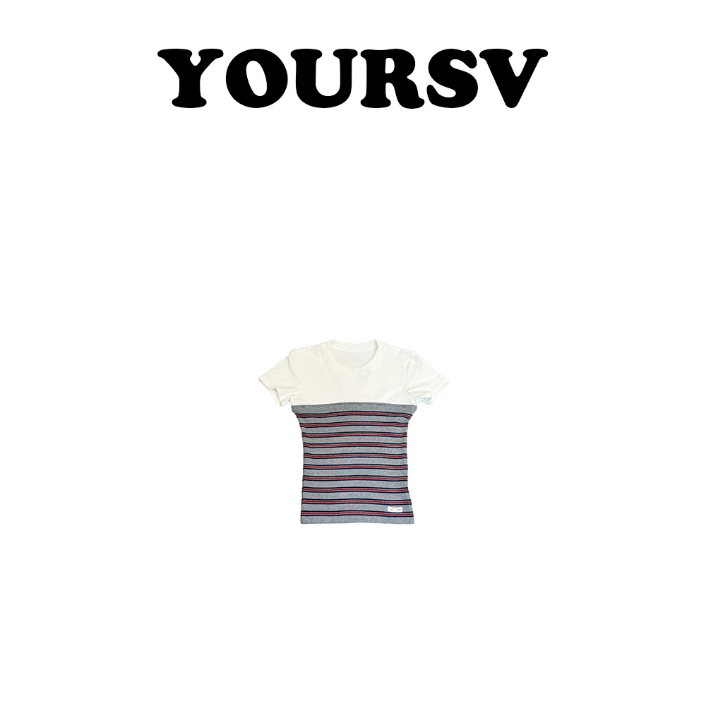 【YOURSV】「抹胸拼接t」时尚气质休闲风圆领T恤条纹撞色拼接短袖上衣