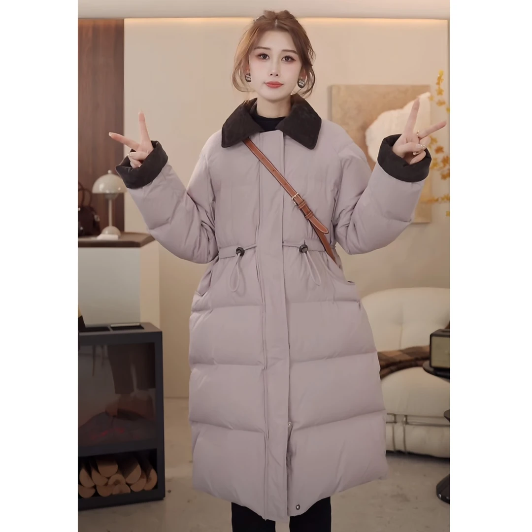 灯芯绒拼接新标90%白鸭绒羽绒服女中长款收腰加厚保暖外套女【NN1】