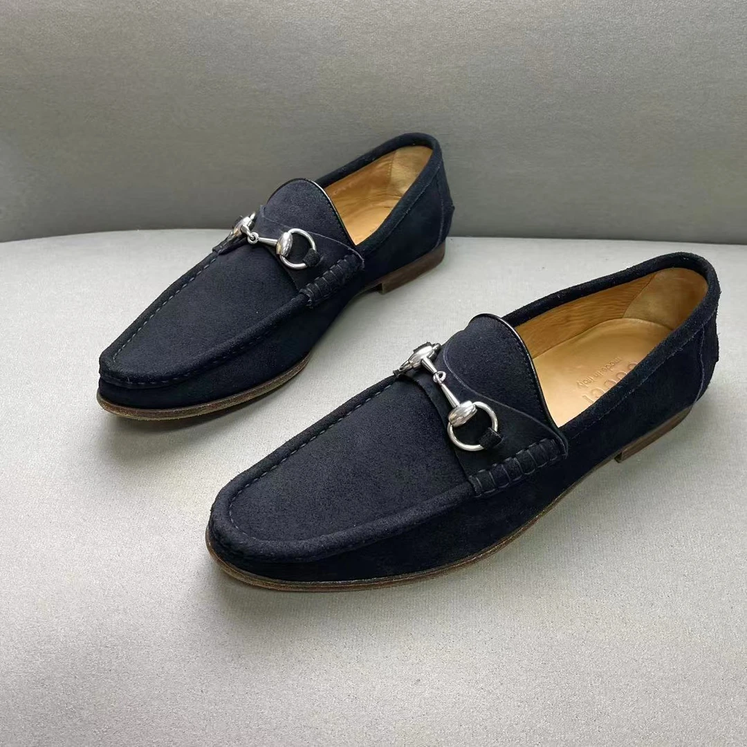 99新 GUCCI/古驰 黑蓝色时尚舒适麂皮银扣经典乐福鞋 40.5码