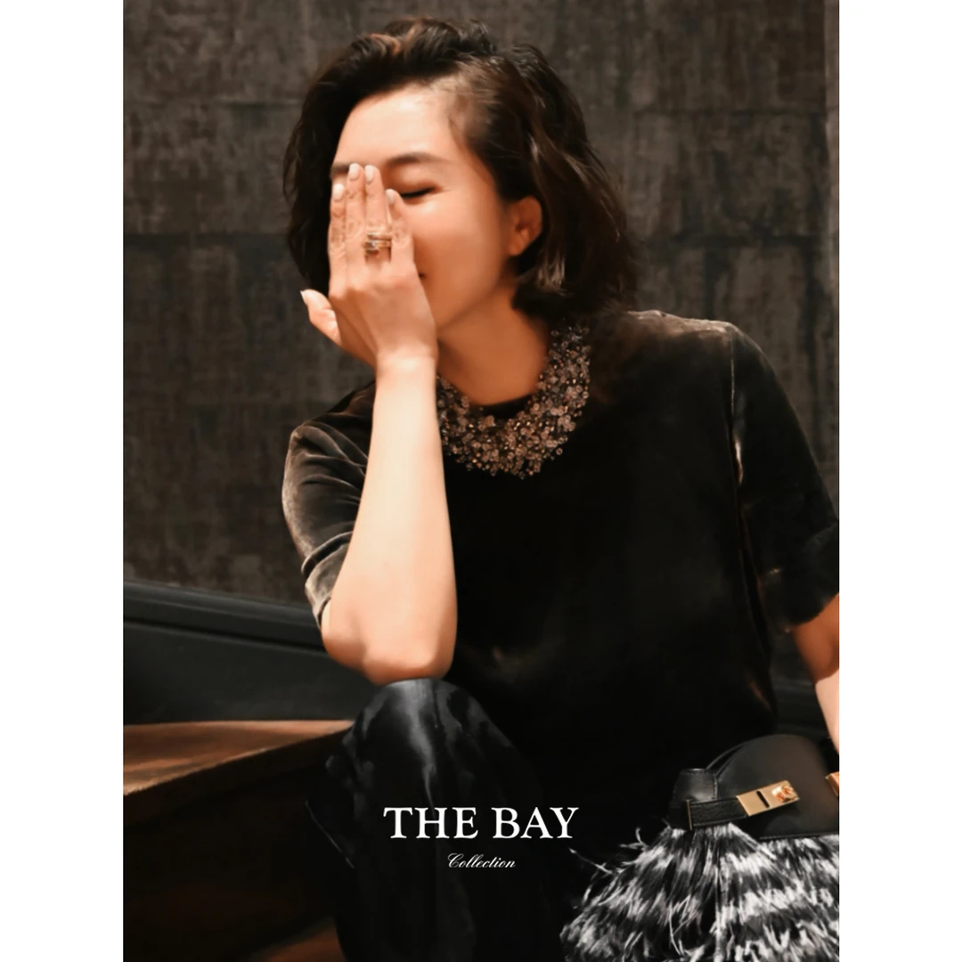 TheBay【时光】墨绿真丝丝绒千金感上衣YCTB00185