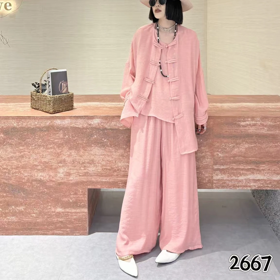 胖MM春夏季禅意古风休闲遮肉百搭阔腿裤三件套装