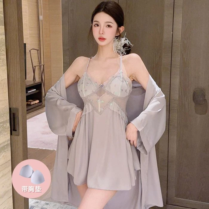 2025春夏季冰丝带胸垫睡衣女睡裙新款多色爆款轻奢性感吊带蕾丝