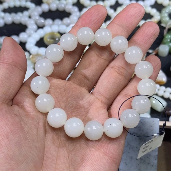 手链未镶嵌和田玉纯**惧新疆和田黑山矿白玉点墨圆珠手串