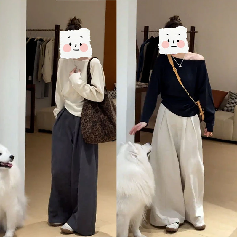 早秋韩系时尚女装搭配一整套一字肩斜肩长袖上衣阔腿裤显瘦两件套