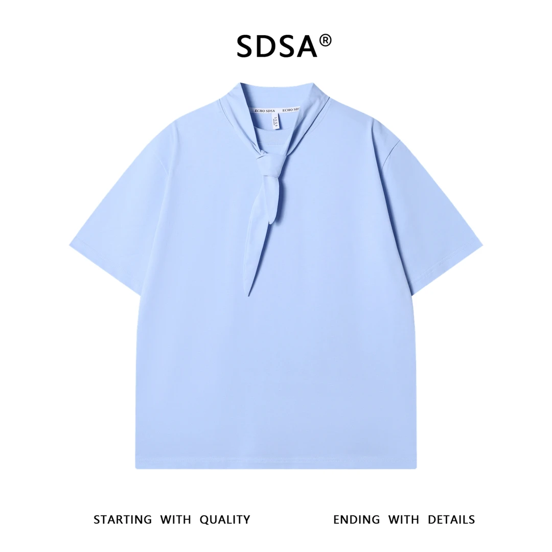 夏季高级感新款潮牌纯色领带设计圆领短袖T恤舒适亲肤百搭上衣