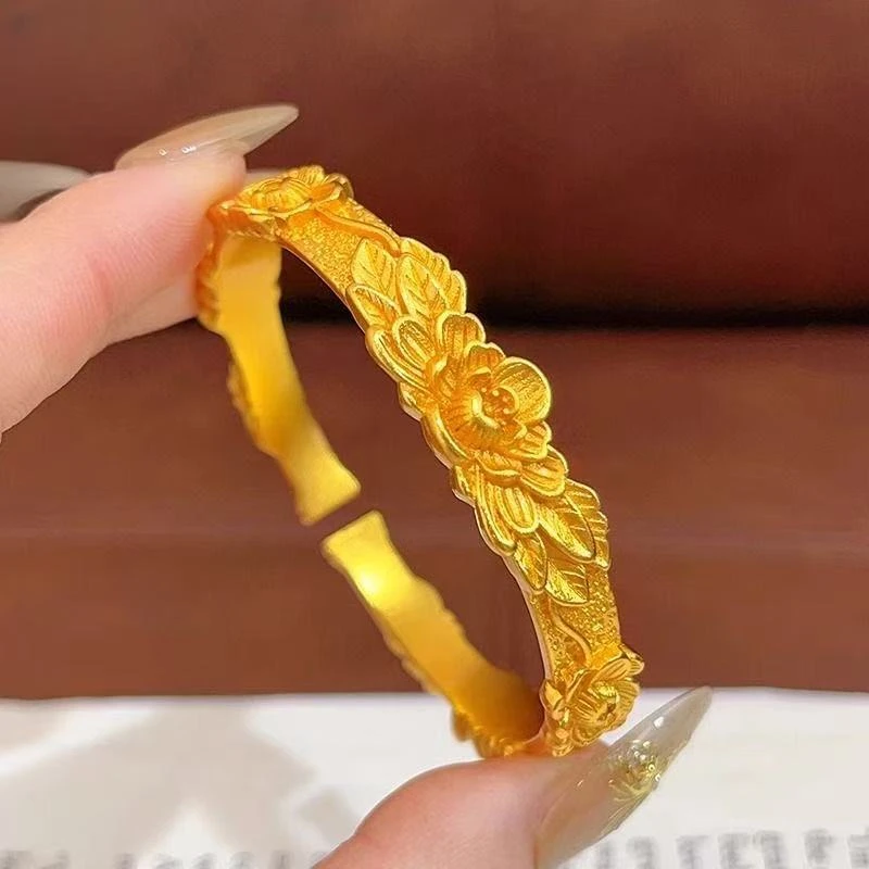 铜合金手镯 金店同款 錾刻繁花精致宫廷风开口镯牡丹花可调节手环