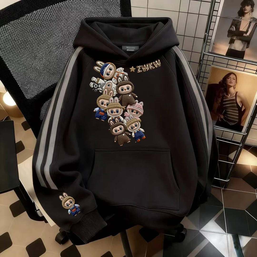 秋冬卡通拉布布印花连帽半拼接卫衣大码宽松加绒加厚情侣装外套