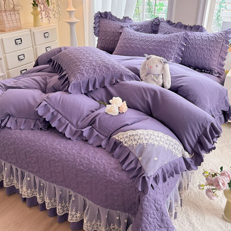 网红款蕾丝床盖四件套公主风轻奢纯色卧室床品床上用品三件套四季