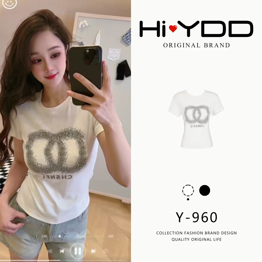 YDD•「Y-960」2025法式收腰修身重工烫钻百搭短袖T恤上衣AZ-9076