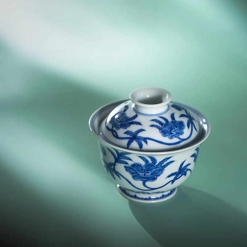 望月怀古青花秋葵盖碗景德镇茶具家用泡茶盖碗中式