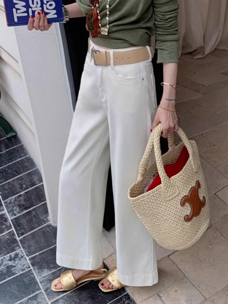 新款白色阔腿时尚直筒牛仔裤阔腿裤高腰夏季宽松百搭显瘦九分裤