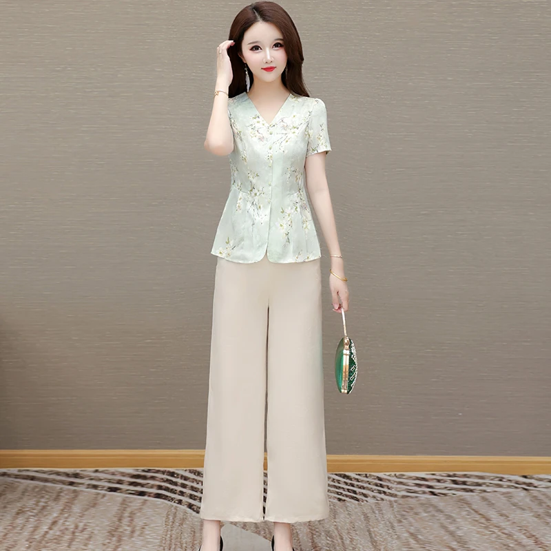气质小衫阔腿裤套装洋气时尚夏季复古中国风女装显瘦休闲减龄中式