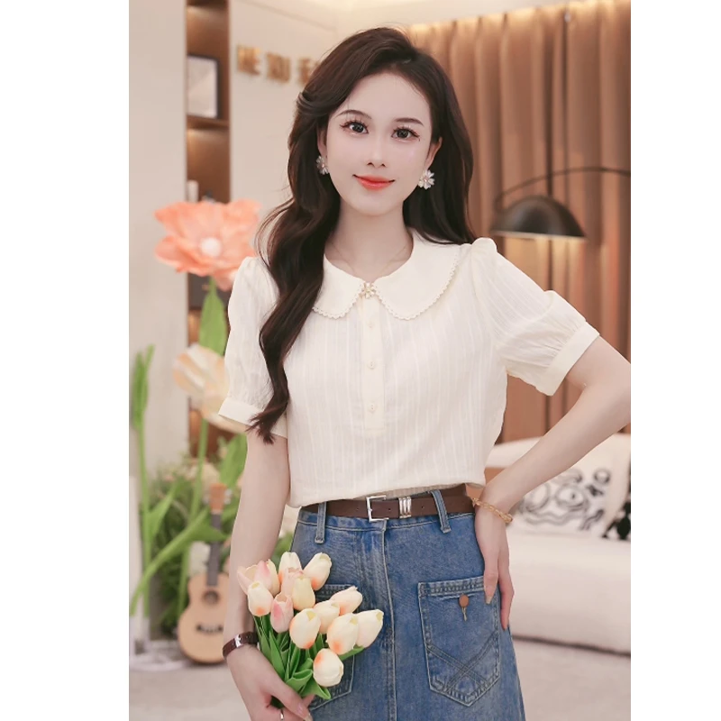 法式甜美娃娃领短袖设计感衬衫上衣2025夏季新款百搭显瘦短袖