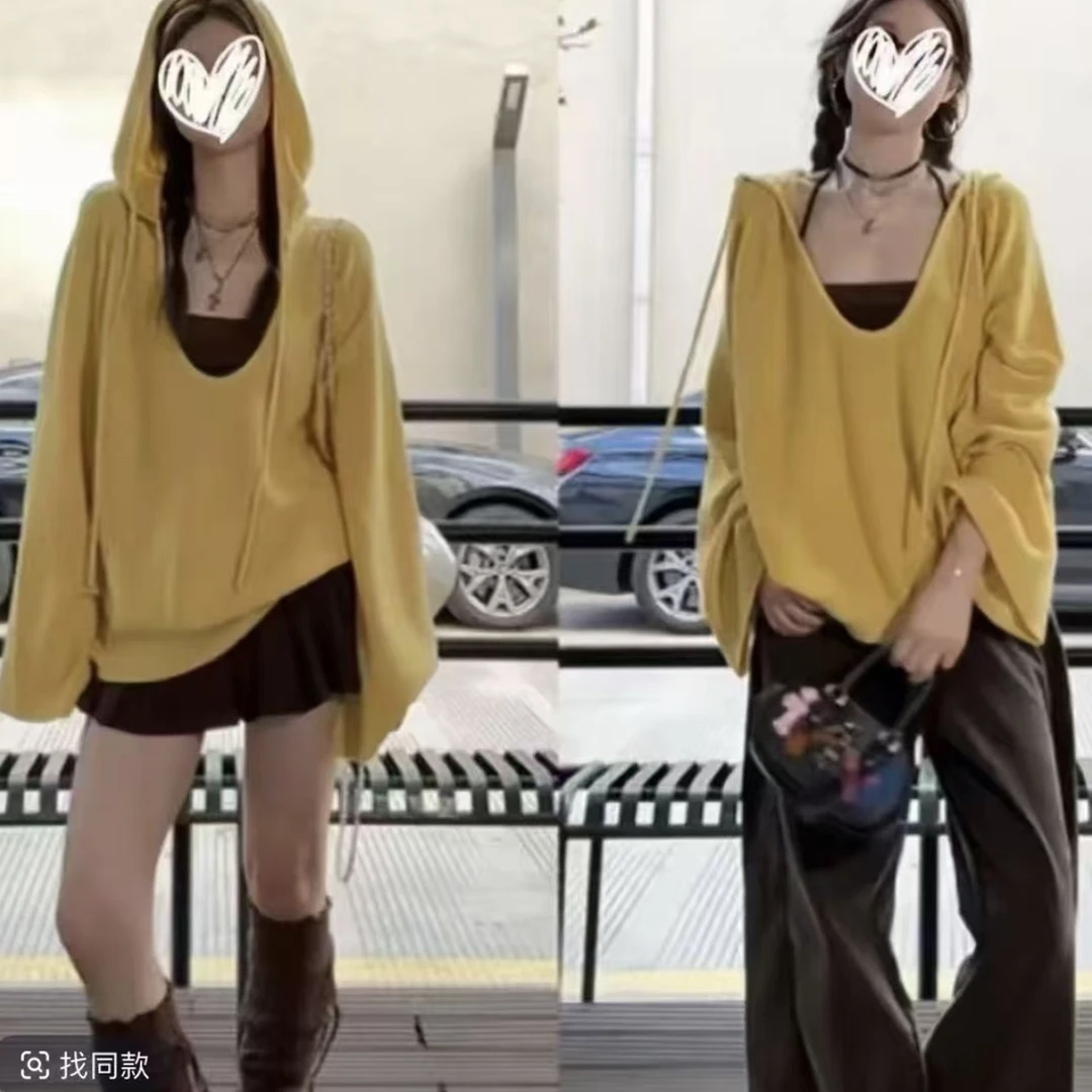大码法式黄色连帽罩衫短裙长裤秋冬季套装